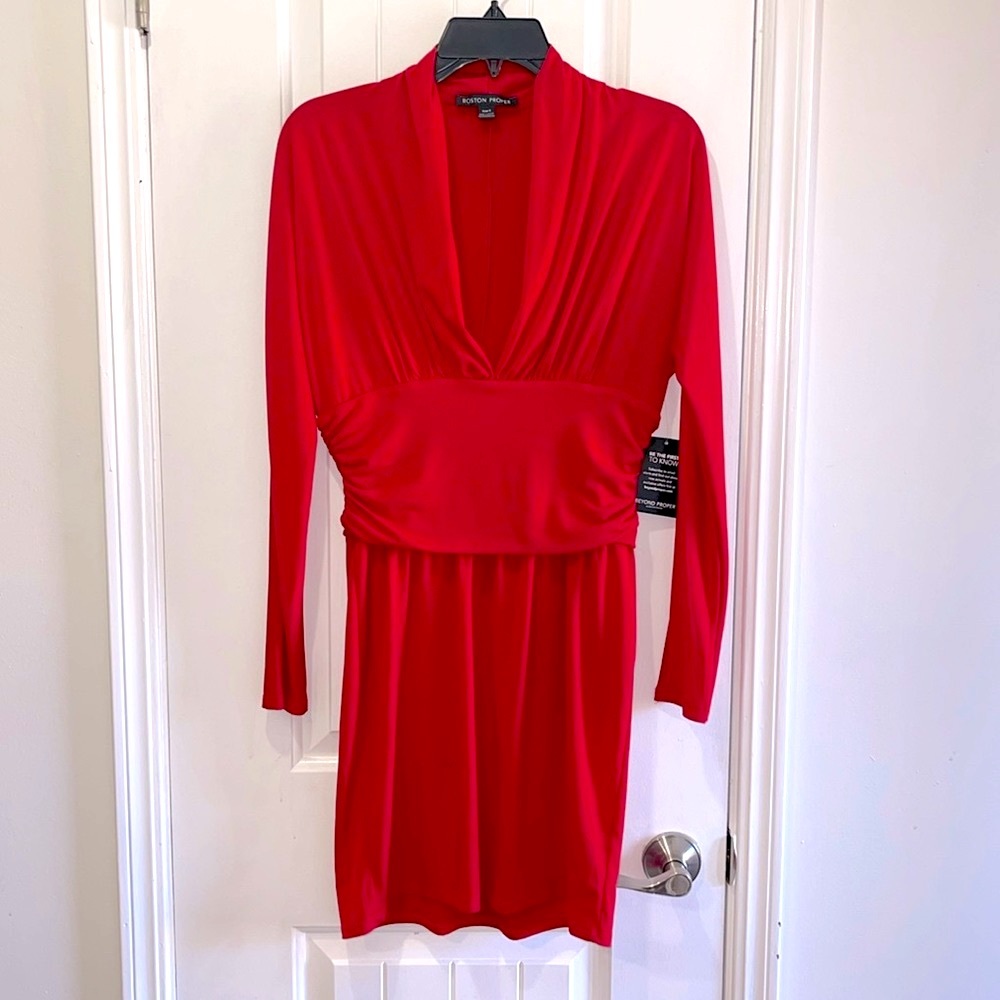 NWT Boston Proper Red Long sleeve mini Dress with deep neck plunge in front